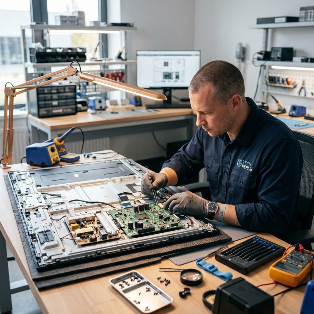 Professional TV repair technician at work